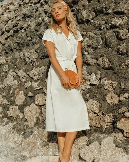 ARYA Safari Linen Midi Dress In Off White