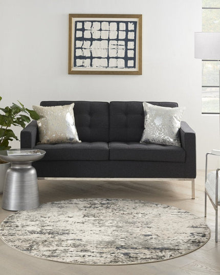 8' Gray Floral Power Loom Round Rug