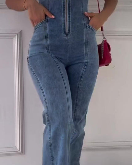DenimDare? Sleeveless Paneled Denim Jumpsuit ¨C Edgy, Feminine,