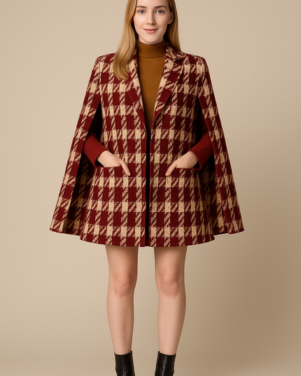 Houndstooth Woolen Cape Coat & Shorts ¨C Elegant & Fashionable Set