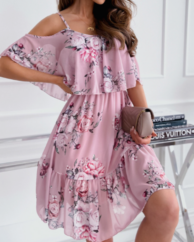 Women Cold Shoulder Ruffle Chiffon Beach Dress