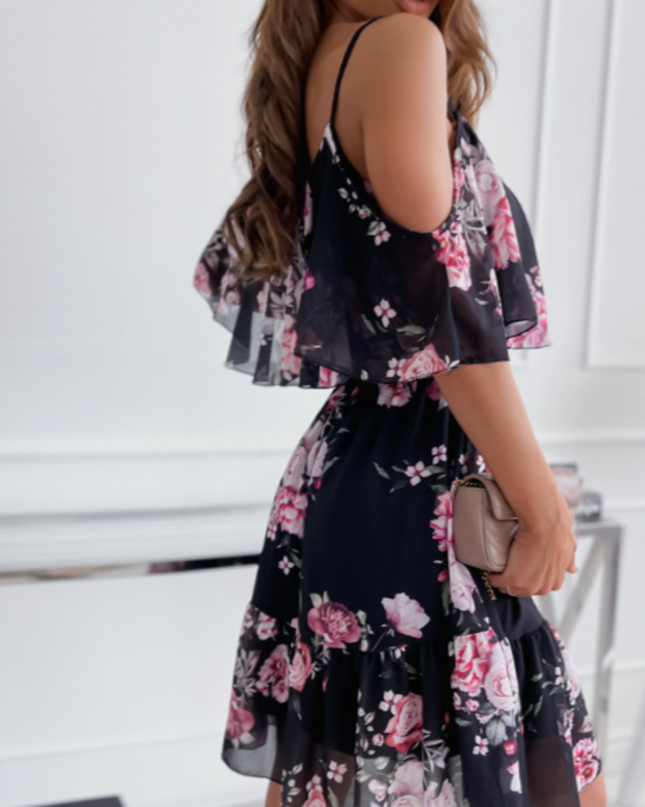 Women Cold Shoulder Ruffle Chiffon Beach Dress