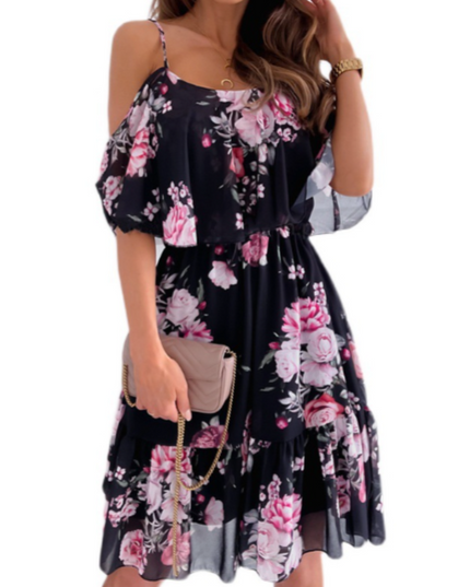 Women Cold Shoulder Ruffle Chiffon Beach Dress