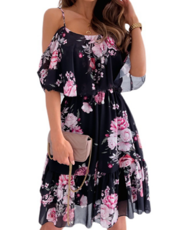 Women Cold Shoulder Ruffle Chiffon Beach Dress