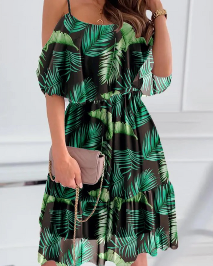 Women Cold Shoulder Ruffle Chiffon Beach Dress