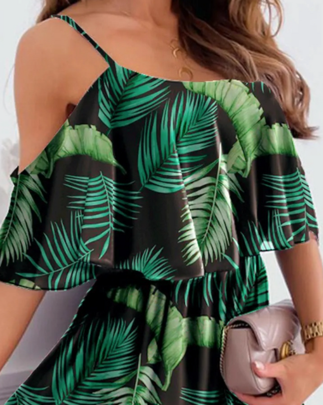 Women Cold Shoulder Ruffle Chiffon Beach Dress