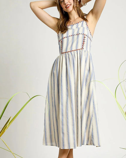 Umgee Striped Colorful Embroidered Trim Cami Dress