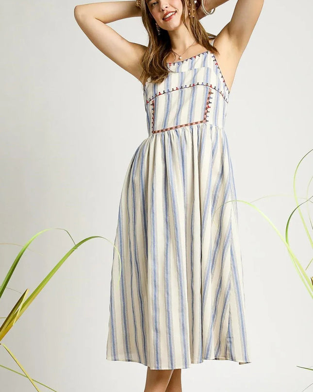Umgee Striped Colorful Embroidered Trim Cami Dress