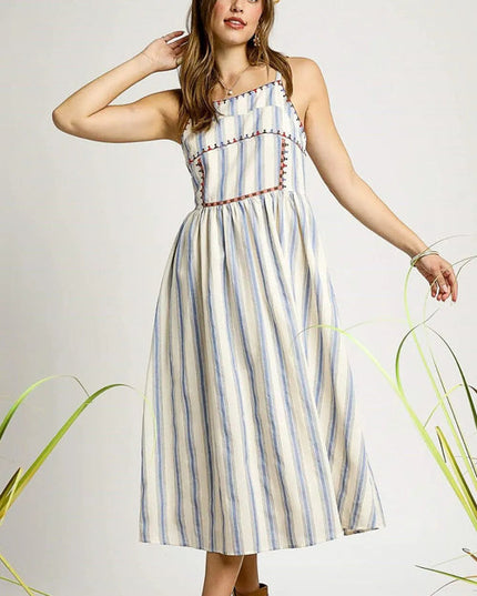 Umgee Striped Colorful Embroidered Trim Cami Dress