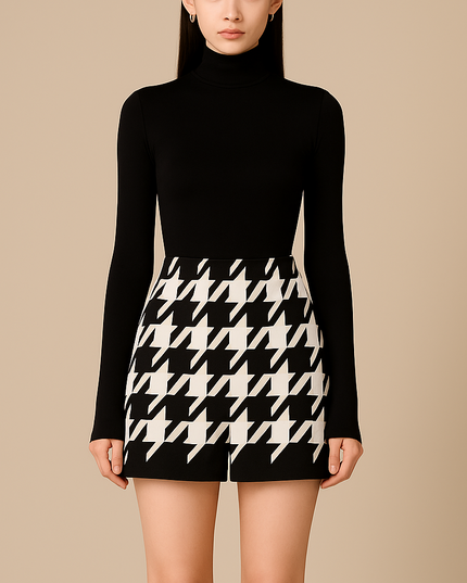 Houndstooth Woolen Cape Coat & Shorts ¨C Elegant & Fashionable Set