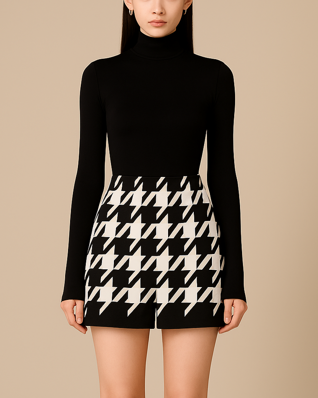 Houndstooth Woolen Cape Coat & Shorts ¨C Elegant & Fashionable Set