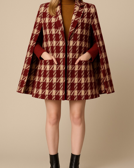Houndstooth Woolen Cape Coat & Shorts ¨C Elegant & Fashionable Set