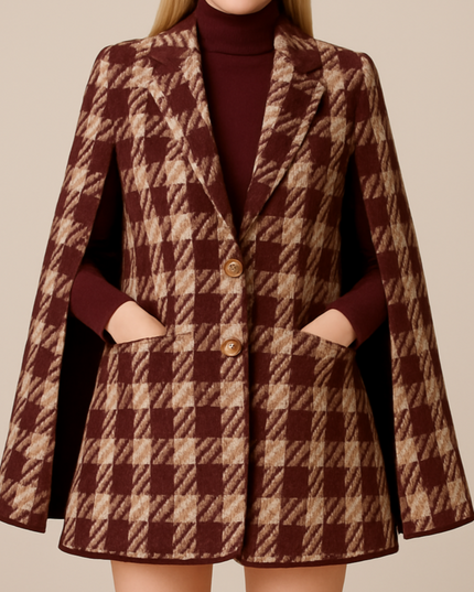 Houndstooth Woolen Cape Coat & Shorts ¨C Elegant & Fashionable Set