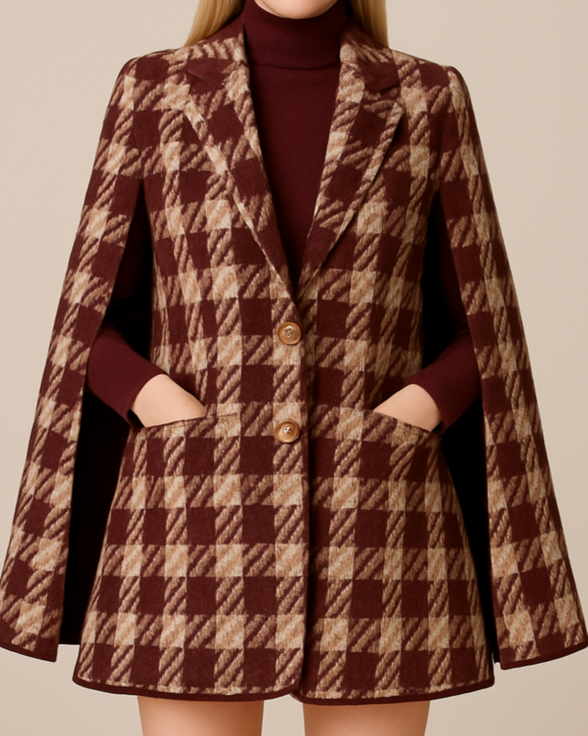Houndstooth Woolen Cape Coat & Shorts ¨C Elegant & Fashionable Set