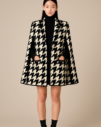 Houndstooth Woolen Cape Coat & Shorts ¨C Elegant & Fashionable Set