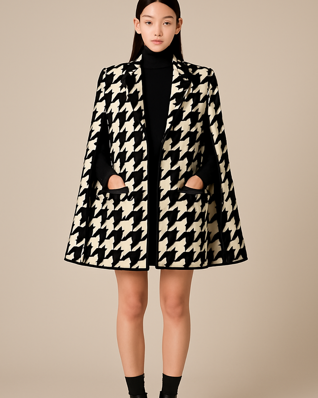 Houndstooth Woolen Cape Coat & Shorts ¨C Elegant & Fashionable Set