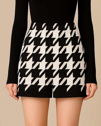 Houndstooth Woolen Cape Coat & Shorts ¨C Elegant & Fashionable Set