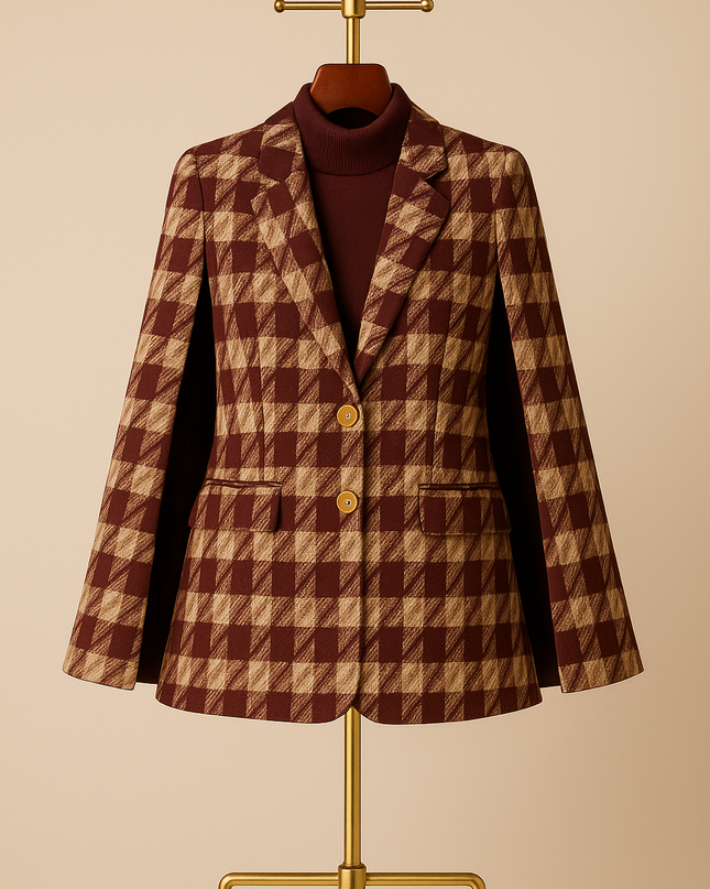 Houndstooth Woolen Cape Coat & Shorts ¨C Elegant & Fashionable Set