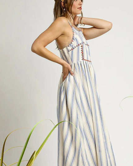 Umgee Striped Colorful Embroidered Trim Cami Dress