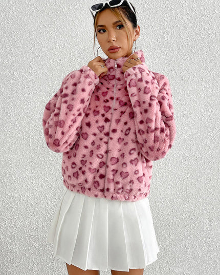 Valentine's Day Love Leopard Print Plush Jacket